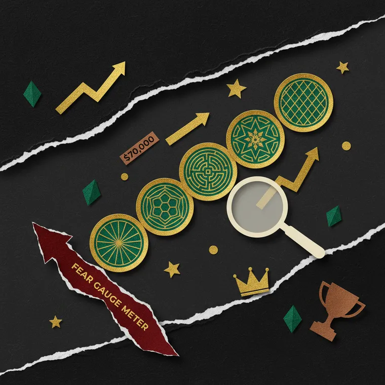 극단적 공포장에서 매수할 추천 암호화폐 6종을 금색과 에메랄드 페이퍼컷 콜라주로 표현한 일러스트