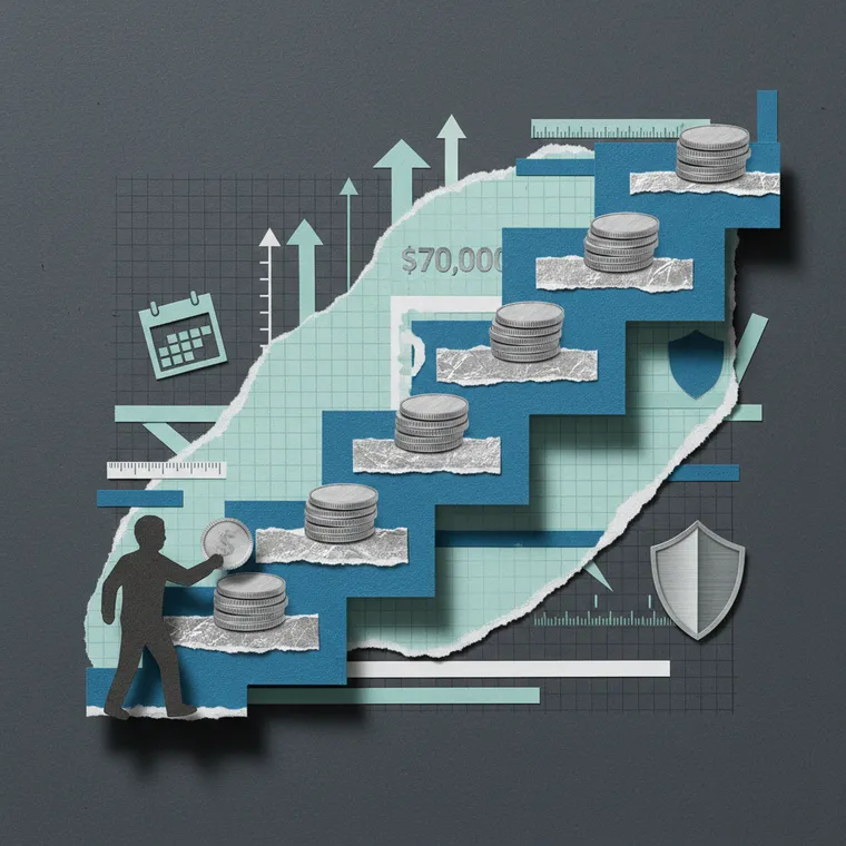 크립토 적립식 투자 DCA 전략을 상징하는 계단형 코인 적립 일러스트레이션