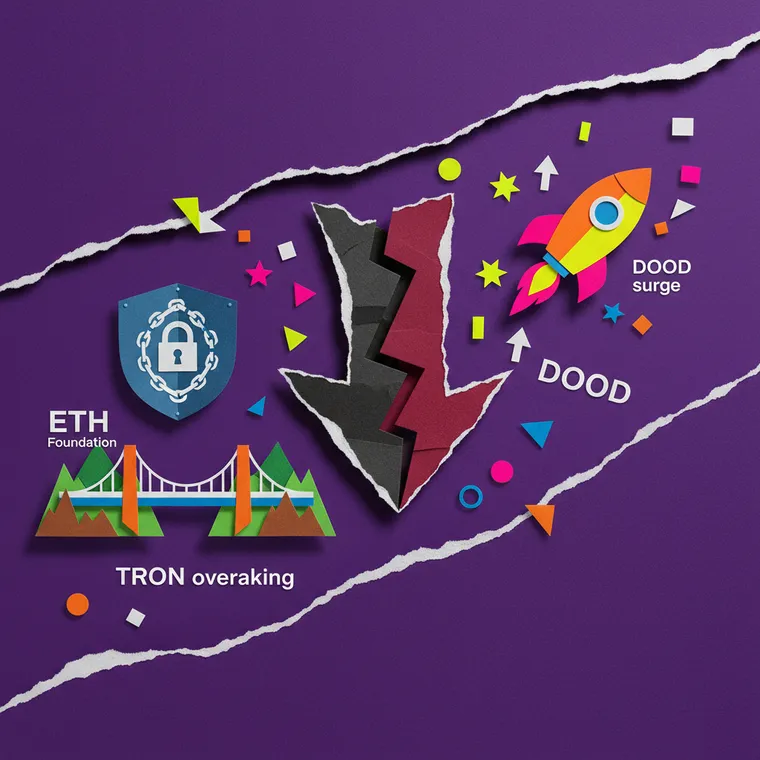 알트코인 시총 하락과 DOOD 급등 ETH 스테이킹을 표현한 페이퍼컷 콜라주 일러스트레이션