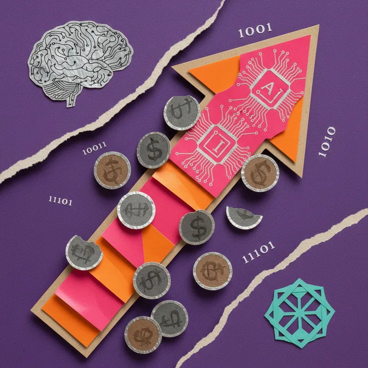 AI 크립토 토큰 급등과 알트코인 하락을 표현한 페이퍼컷 콜라주 일러스트레이션