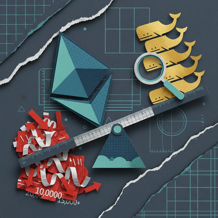 이더리움 ETH 가격 하락과 고래 매집을 상징하는 시소 저울 페이퍼컷 콜라주 일러스트