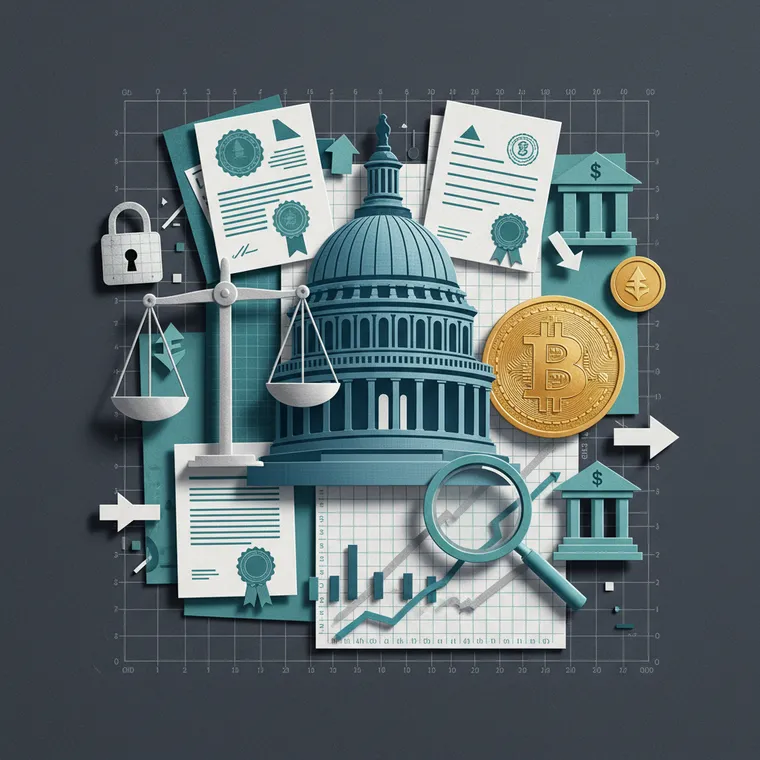 미국 암호화폐 규제 정책 변화를 상징하는 의사당, 저울, 비트코인 페이퍼컷 콜라주 일러스트레이션