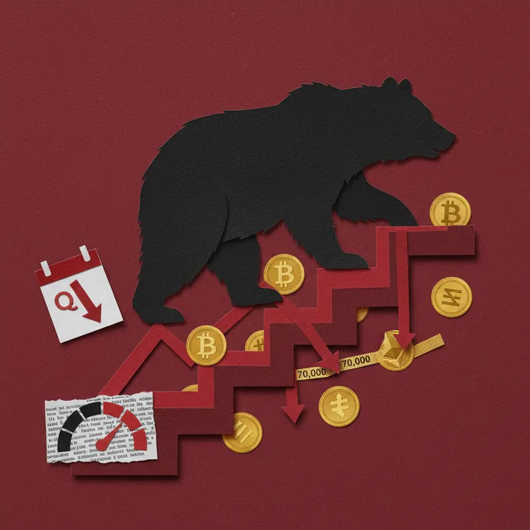 비트코인 Q1 2026 하락세를 표현한 페이퍼컷 콜라주 일러스트레이션, 붉은 배경에 하락 계단과 금색 코인