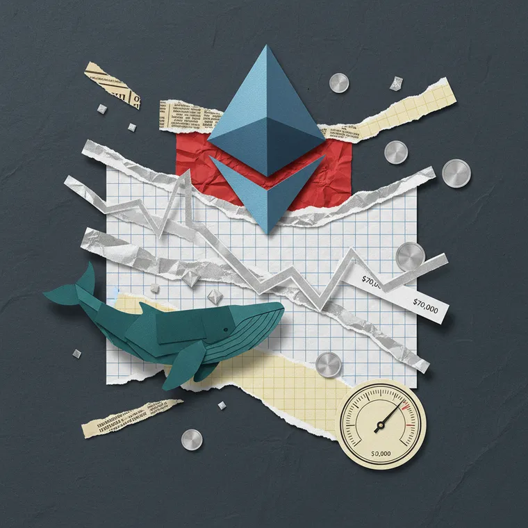 이더리움 ETH Q1 2026 하락 분석과 고래 매집을 표현한 페이퍼컷 콜라주 일러스트레이션