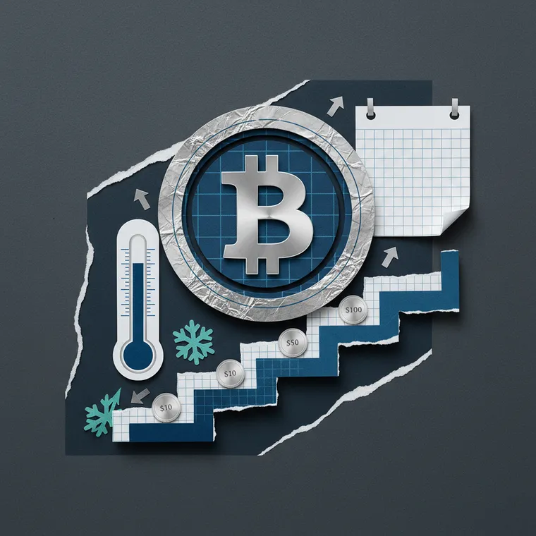 비트코인 DCA 적립식 투자 전략을 계단식 코인 축적으로 표현한 페이퍼컷 콜라주 일러스트레이션