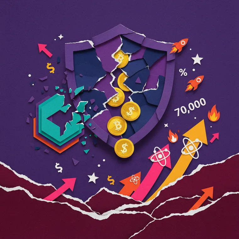 드리프트 프로토콜 해킹과 양자내성 토큰 급등을 표현한 페이퍼컷 콜라주 일러스트레이션