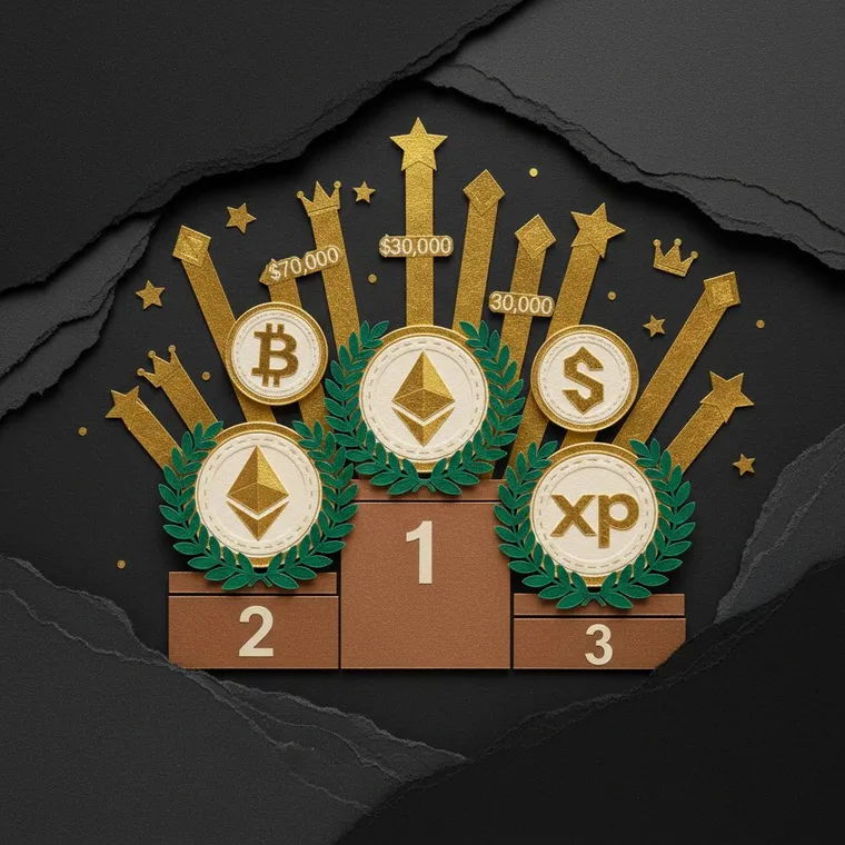 2026년 4월 추천 코인 TOP 4 비트코인 이더리움 솔라나 XRP 황금 포디움 페이퍼컷 콜라주 일러스트