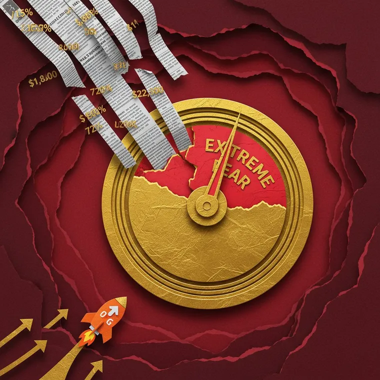 암호화폐 공포탐욕지수 극도의 공포 60일 역사적 기록 0G 급등 2026년 4월 업비트 시장 브리핑 페이퍼컷 일러스트레이션